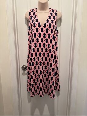 Julie Brown Navy Blue and Pink Sleeveless V-Neck Shift Dress